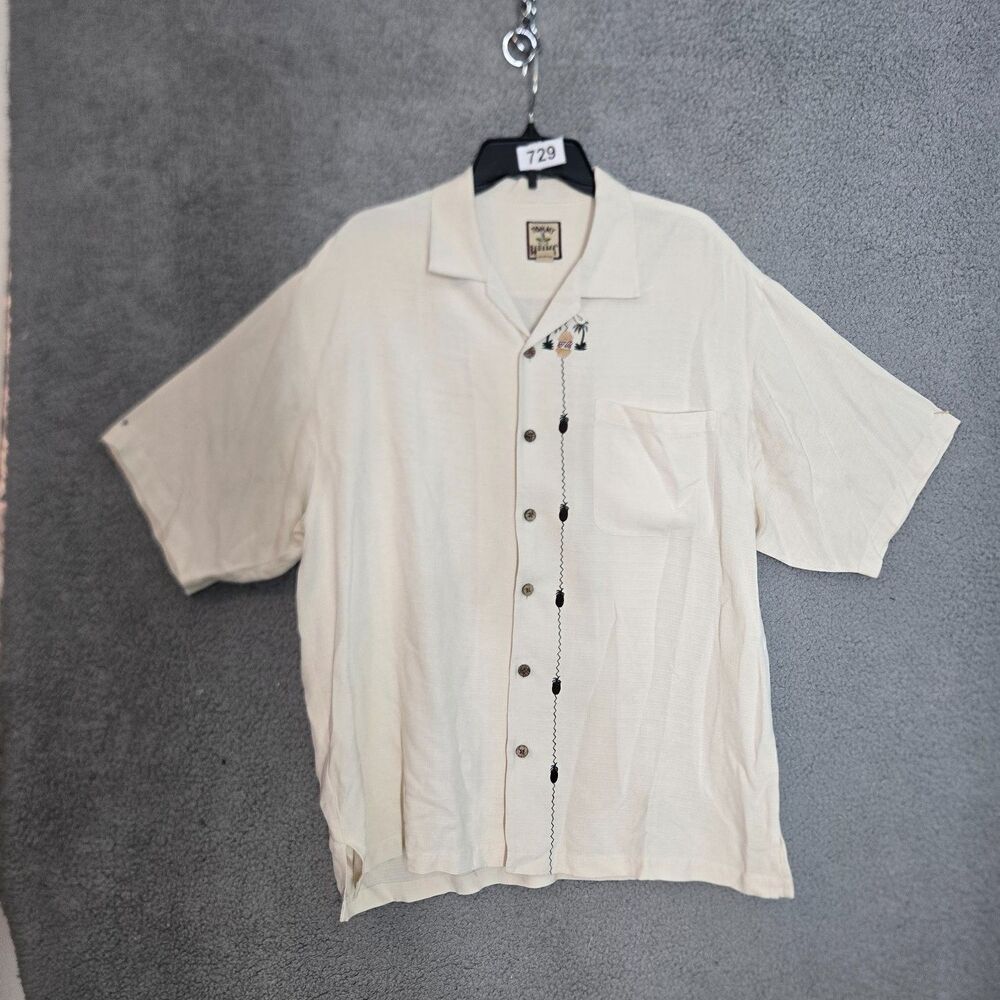 Tommy Bahama Camp Shirt Mens L Beige Short Sleeve Embroidered SILK